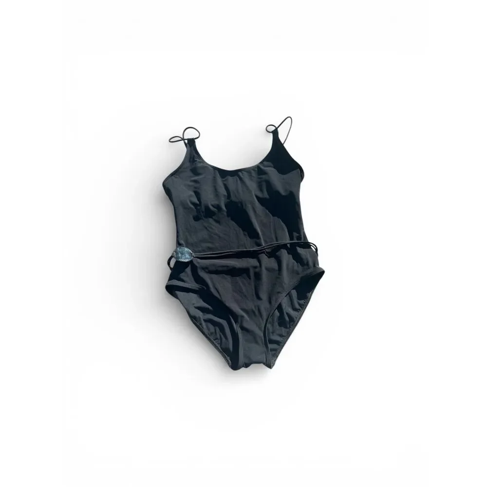 Calvin Klein Black Belted Underwire One-Piece Swimsuit Double Strap Size 10